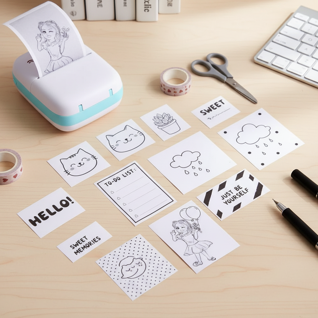 Collection of printed stickers and photos