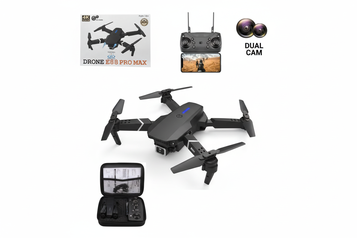 E88 Pro Max drone with remote controller and carrying case