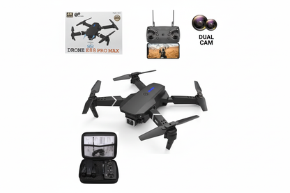 E88 Pro Max drone with remote controller and carrying case