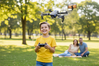 Child playing with E88 Pro Max drone outdoors