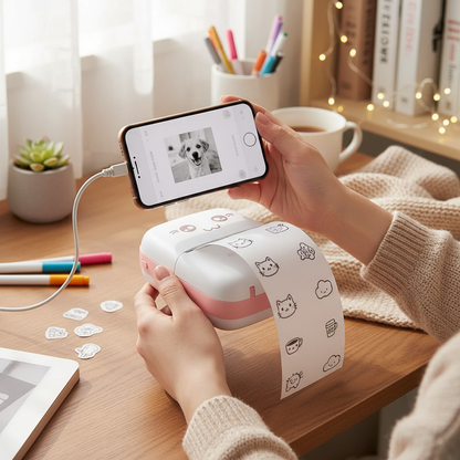 Person using mini thermal printer at desk