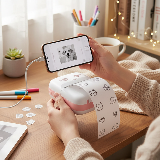 Person using mini thermal printer at desk