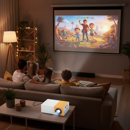 Family watching movie with projector